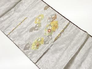 高島織物製　青銅箔地紙に鼓・草花模様織出し名古屋帯